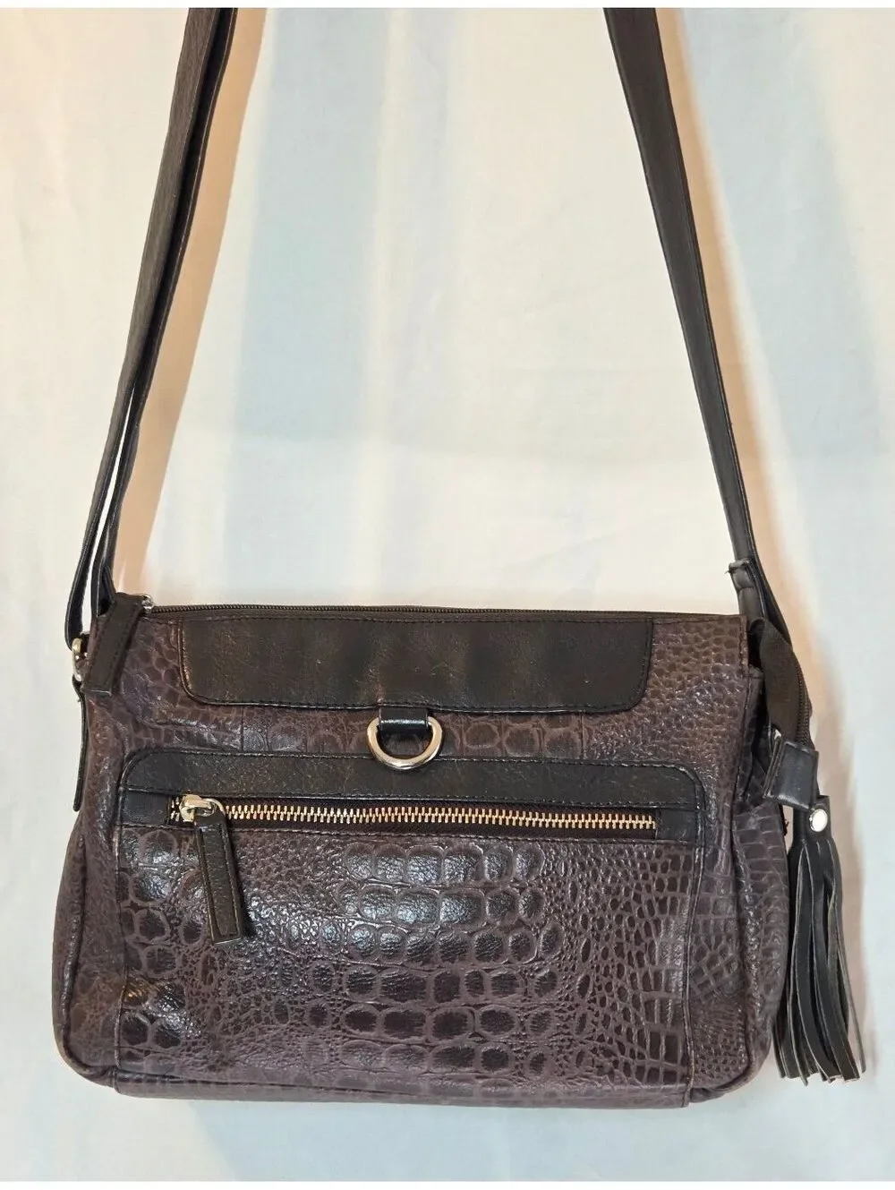 Vintage Great American Leather Works Brown Leather Crossbody Bag Croc Embossed